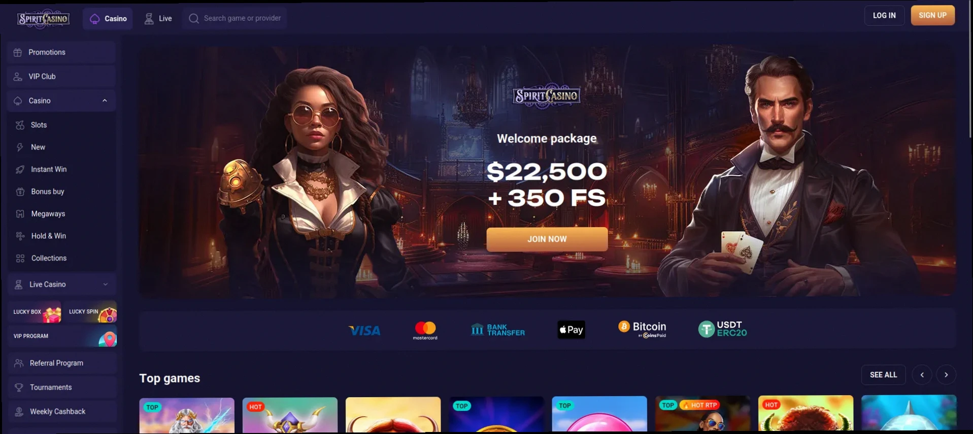 Spirit Casino Welcome Bonus 100% up to 22,500 CAD + 350 Free Spins